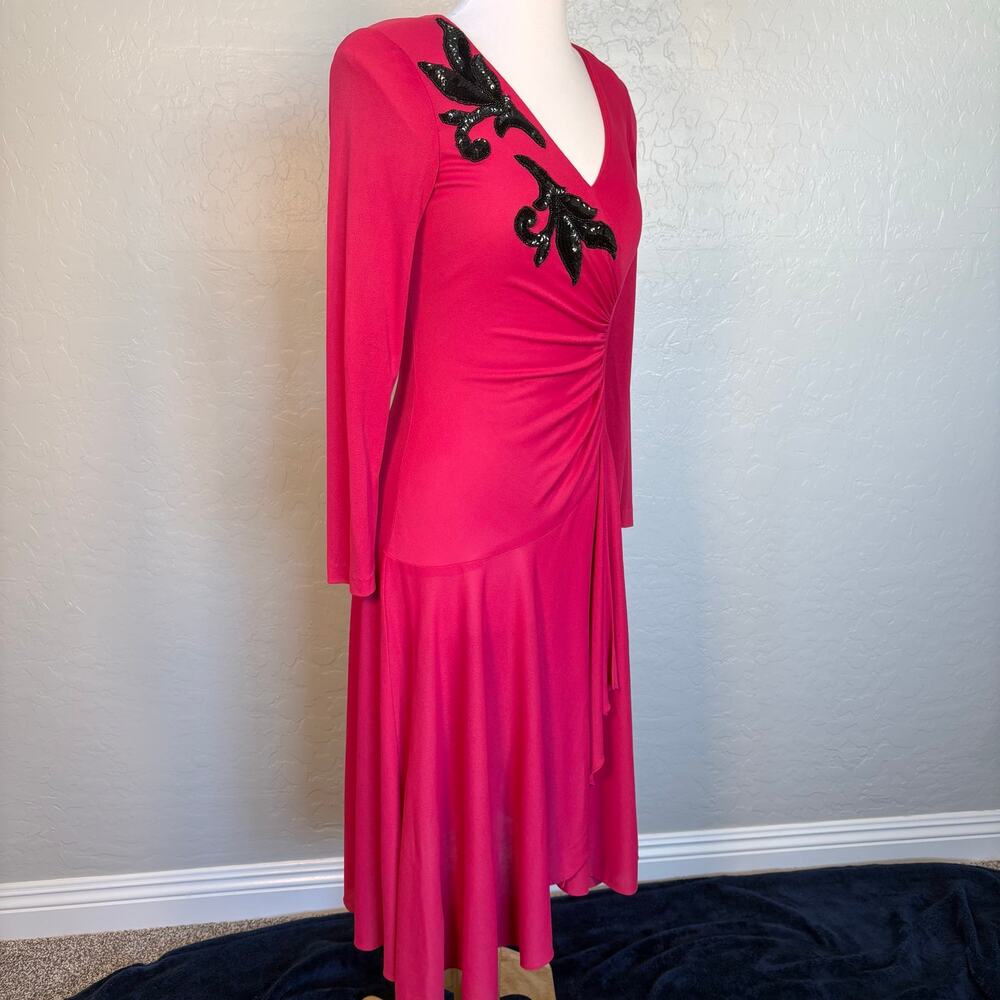 Vintage AYRES by Eysen Pink & Black Beaded Faux Wrap Dress 70s Disco Cocktail M - Picture 3 of 15